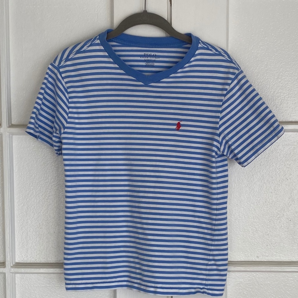 Boy's Polo Blue/White V-neck Stripe Tee  size, M 10-12